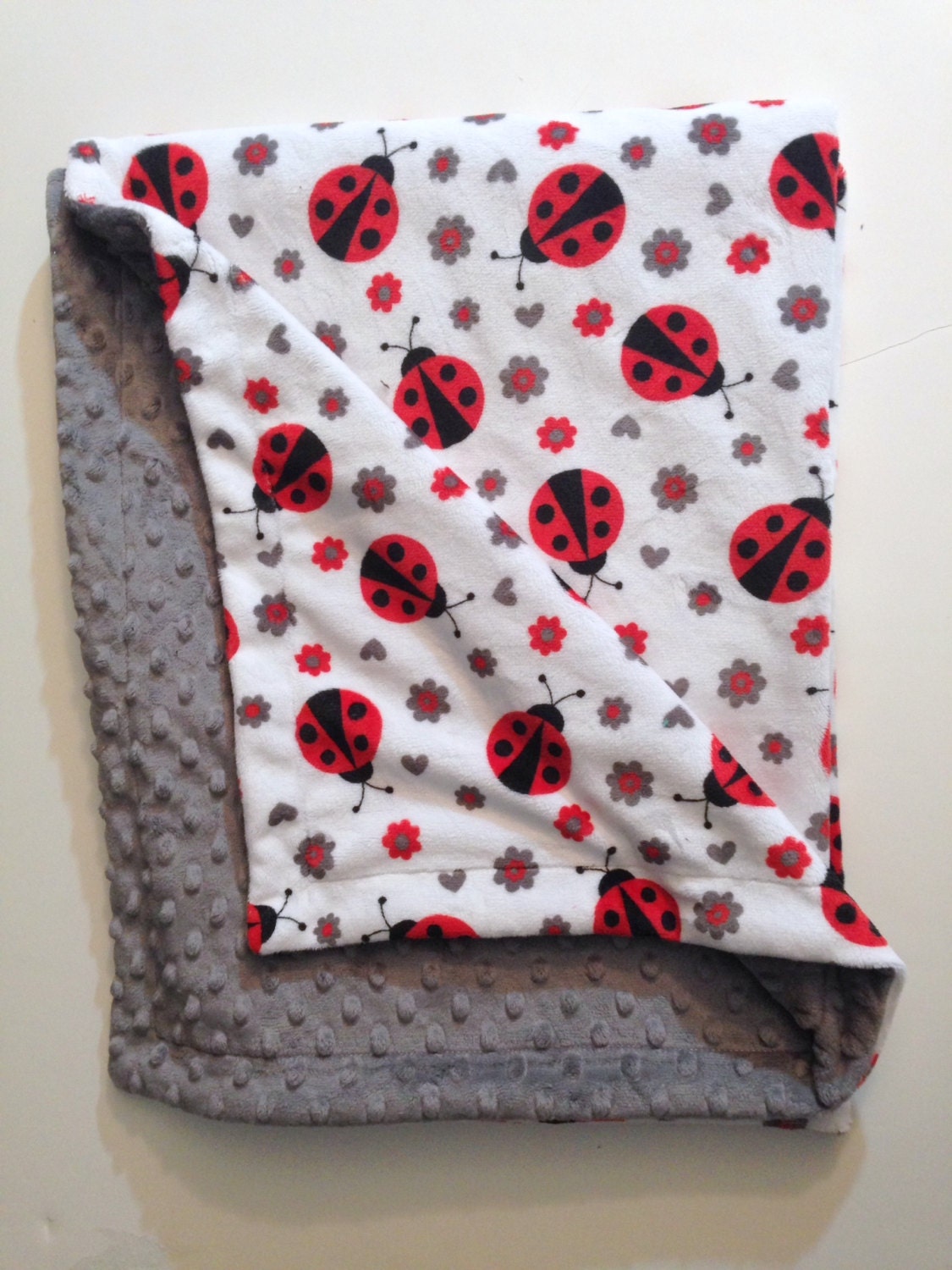 Lady Bug, Minky Baby Blanket, Red and Grey Baby Blanket, Carseat Blanket, Baby Boy Blanket, Baby Girl Blanket, Infant Blanket 29 x 36 in