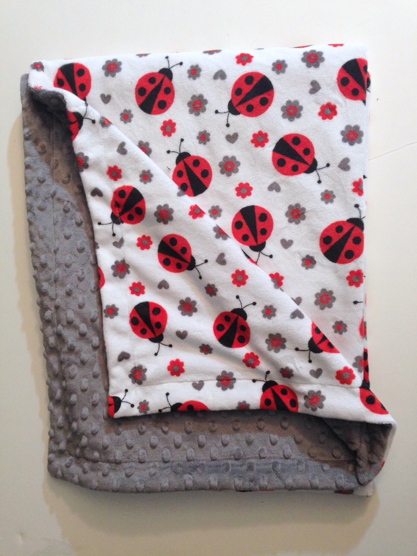 Minky Adult Throw Blanket, Lady Bug Blanket, Red Ladybug, Dorm Room Blanket, Red Grey Blanket, Lady Bug Bedding, Throw Blanket 50 X 60 in