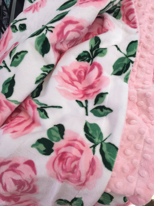 Personalized Pink Rose Floral Minky Blanket, Adult Pink Rose Throw Blanket Size 50 x 58 in