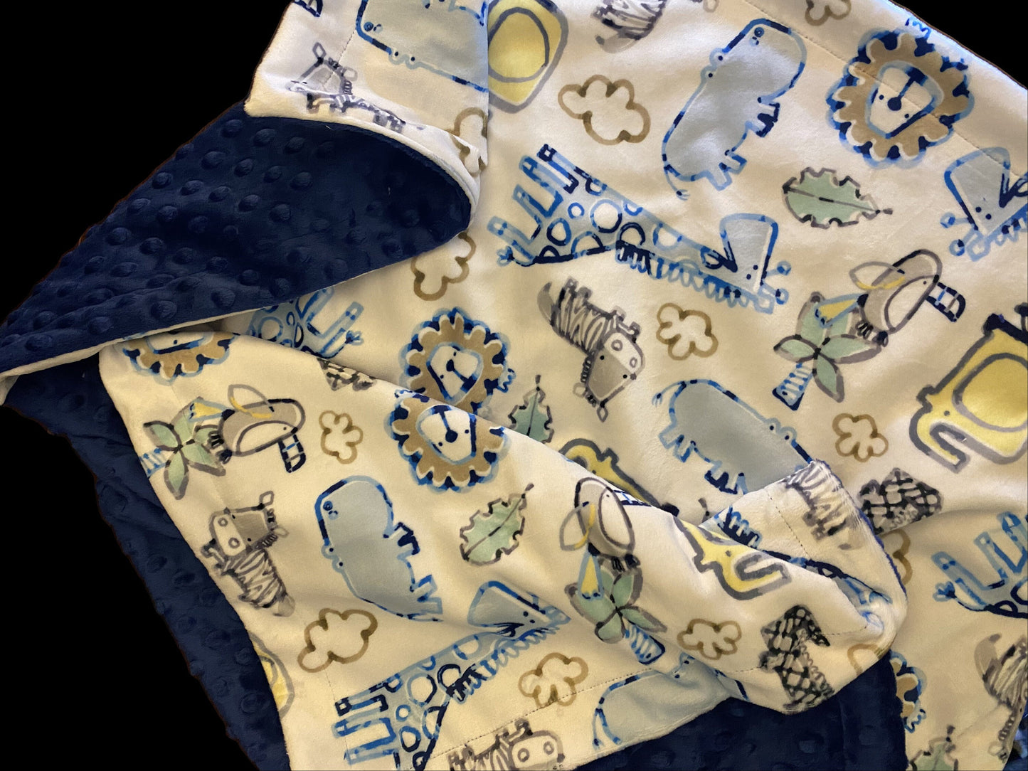 Personalized Zoo Animal Minky Baby Blanket, Safari Theme Blue and Yellow Baby Boy Blanket, Boy Baby Shower Gift Elephant, Giraffe