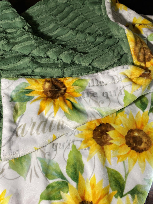 Sunflower Minky Throw Blanket, Green or Yellow Faux Fur Blanket, Adult Minky Throw, Personalized Minky Blanket