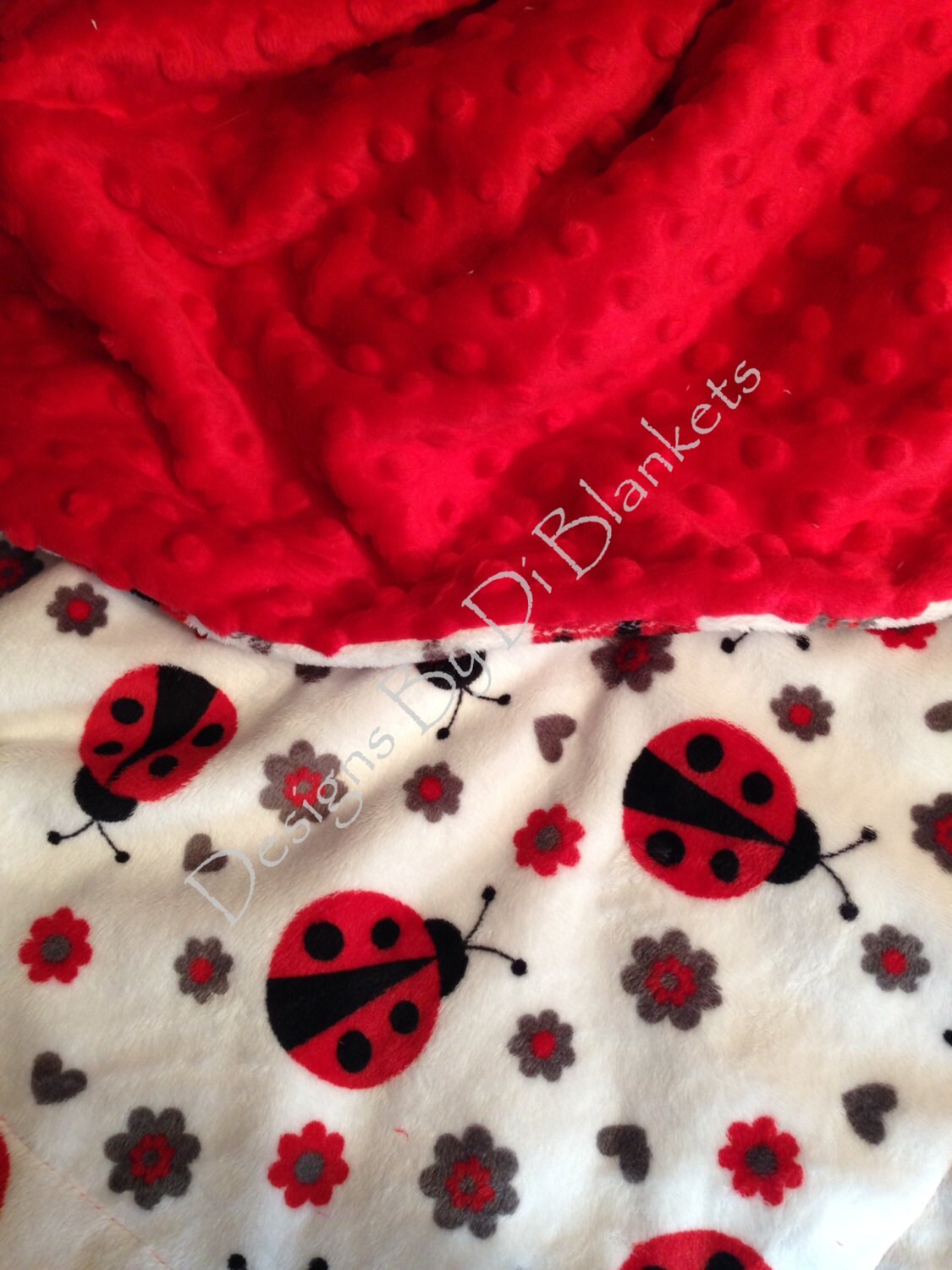 Minky Adult Throw Blanket, Lady Bug Blanket, Red Ladybug, Dorm Room Blanket, Red Grey Blanket, Lady Bug Bedding, Throw Blanket 50 X 60 in