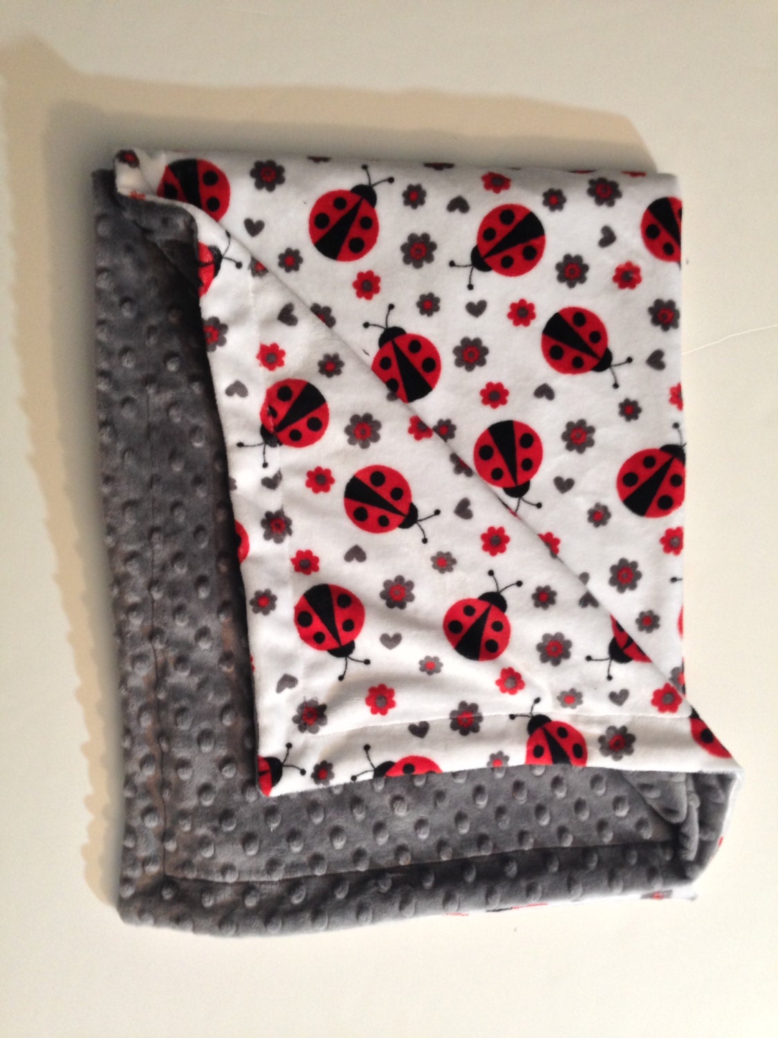 Minky Toddler Blanket, Ladybug Blanket, Red Ladybug, Red Grey Blanket, Minky Boy Blanket, Minky Girl Blanket, Lap Blanket 40 x 50 in