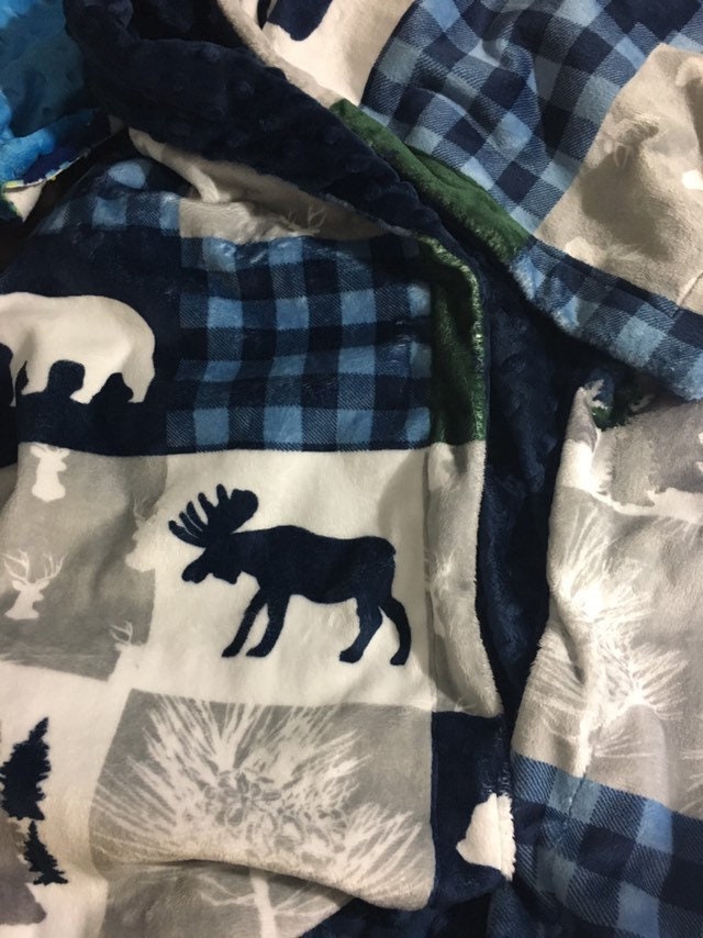 Personalized Baby Blanket, Minky Deer Blanket, Patchwork Print Minky Baby Blanket, Woodland Animal
