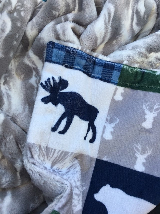 Personalized Baby Blanket, Minky Deer Blanket, Patchwork Print Minky Baby Blanket, Woodland Animal