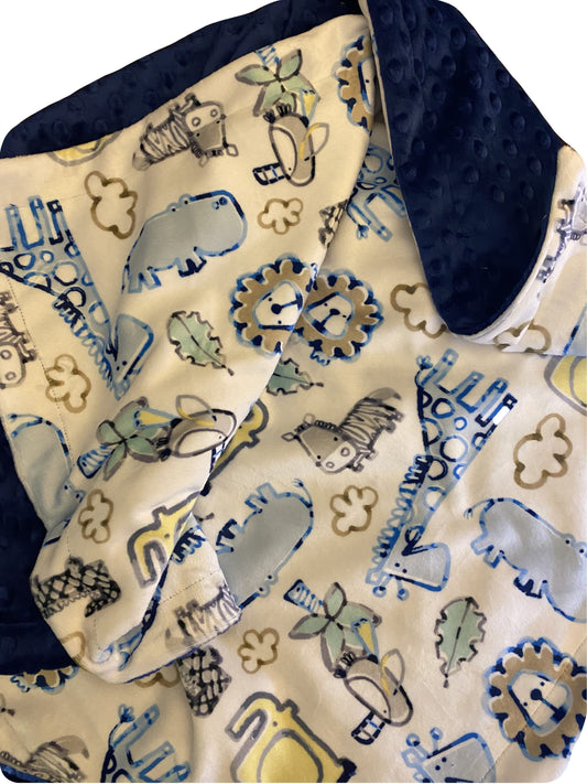 Personalized Zoo Animal Minky Baby Blanket, Safari Theme Blue and Yellow Baby Boy Blanket, Boy Baby Shower Gift Elephant, Giraffe