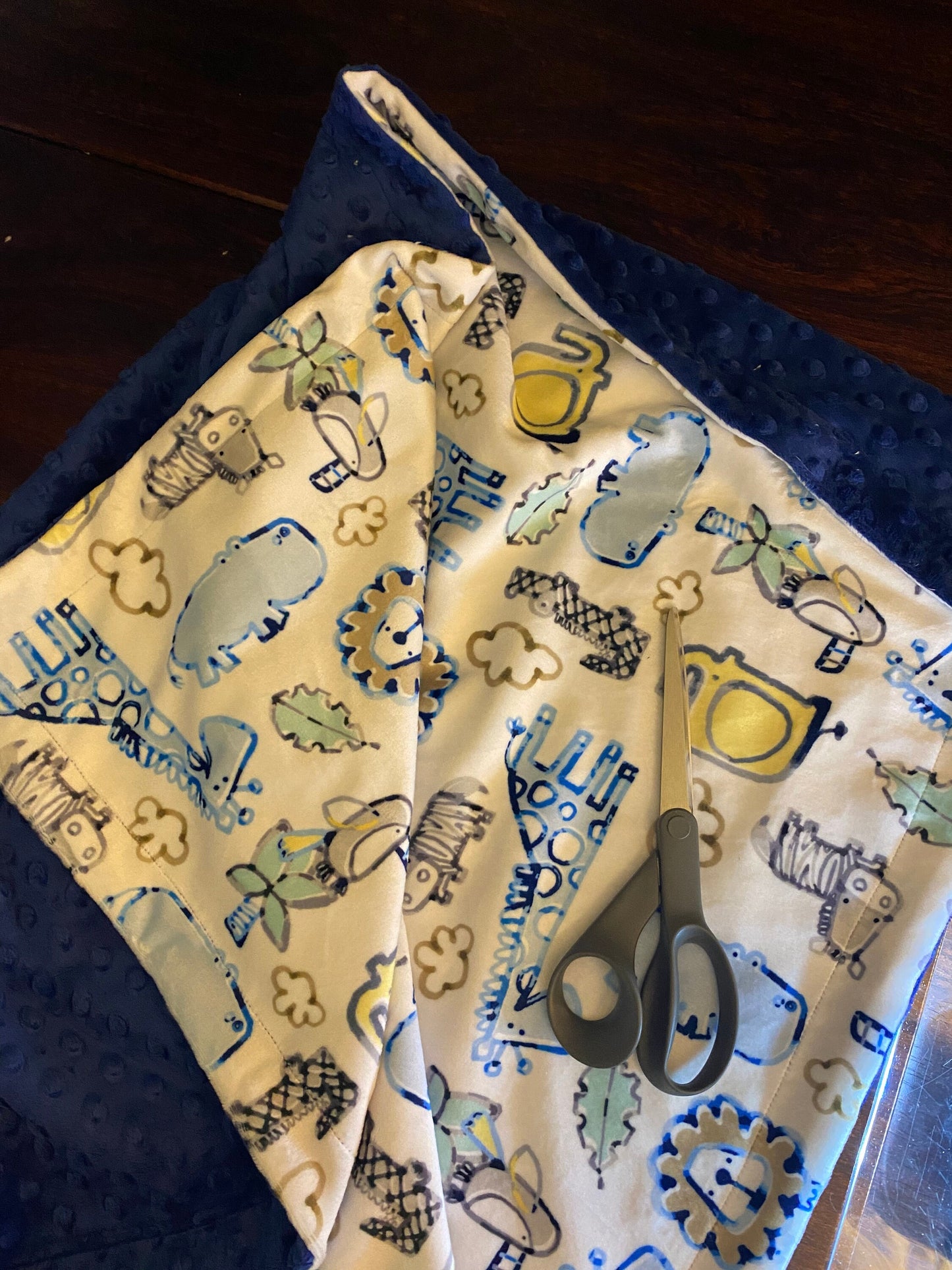 Personalized Zoo Animal Minky Baby Blanket, Safari Theme Blue and Yellow Baby Boy Blanket, Boy Baby Shower Gift Elephant, Giraffe